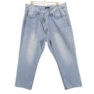 Potili Jeans Womens 18 Asymmetrical waist Light Wash Cropped Capri Distressed